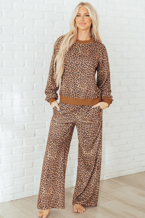 Leopard Print Bow Embroidery Wide Leg Pullover Pant Set