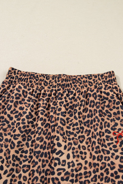 Leopard Print Bow Embroidery Wide Leg Pullover Pant Set