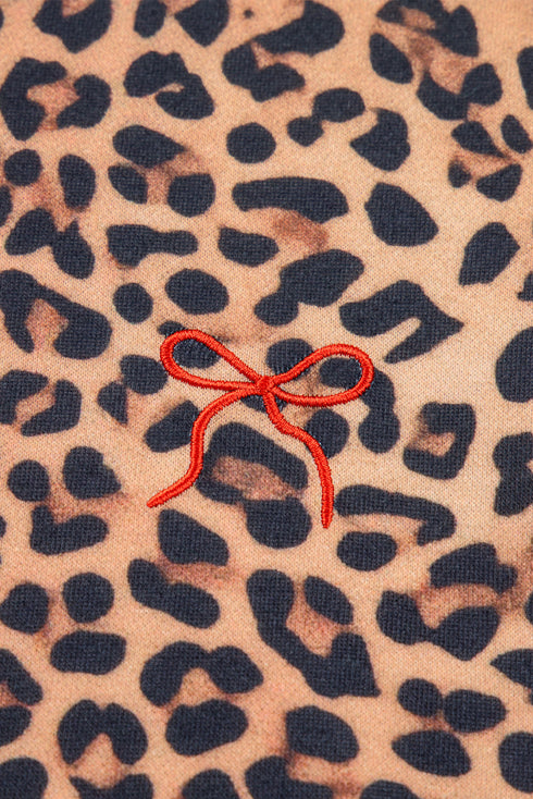 Leopard Print Bow Embroidery Wide Leg Pullover Pant Set