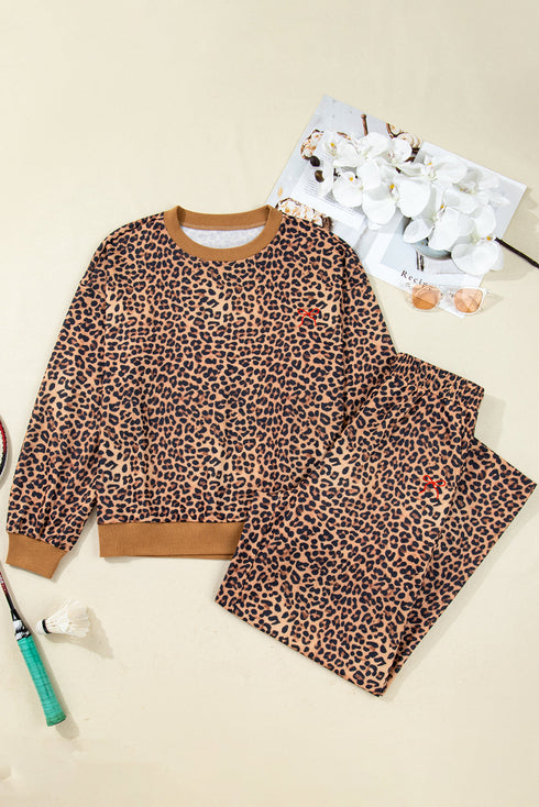 Leopard Print Bow Embroidery Wide Leg Pullover Pant Set