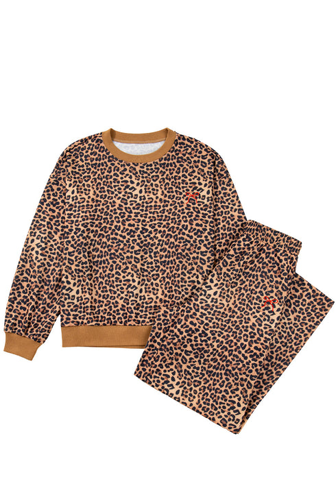 Leopard Print Bow Embroidery Wide Leg Pullover Pant Set