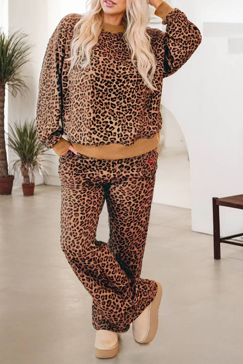 Leopard Print Bow Embroidery Wide Leg Pullover Pant Set