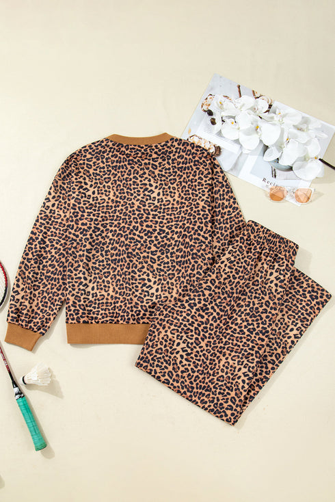 Leopard Print Bow Embroidery Wide Leg Pullover Pant Set