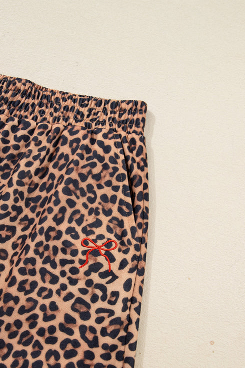 Leopard Print Bow Embroidery Wide Leg Pullover Pant Set