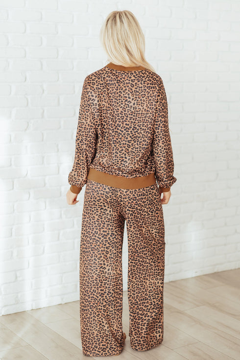 Leopard Print Bow Embroidery Wide Leg Pullover Pant Set