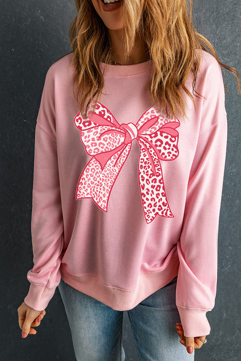Leopard Print Bow Graphic Crew Neck Pullover Sweatshirt