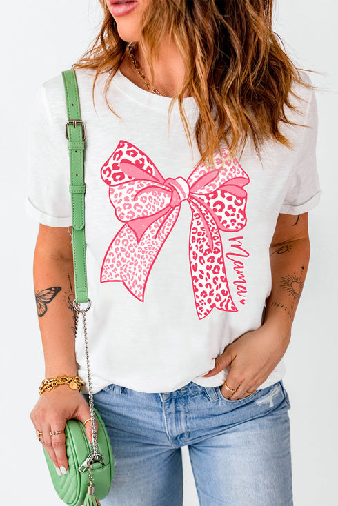 Leopard Print Bow Graphic Short Sleeve T Shirt