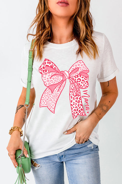 Leopard Print Bow Graphic Short Sleeve T Shirt