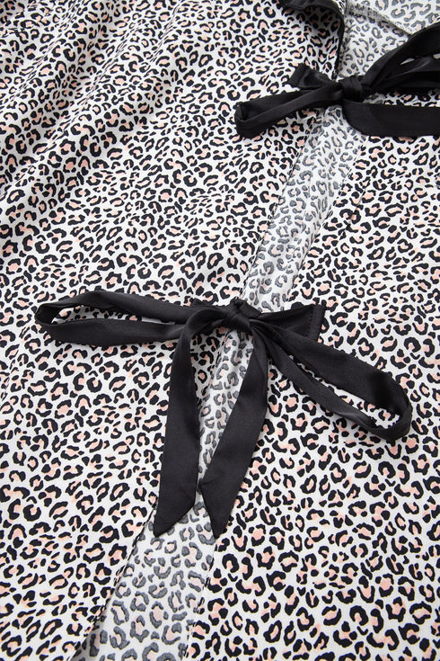 Leopard Print Bow Knot Patchwork Long Sleeve Lounge Set