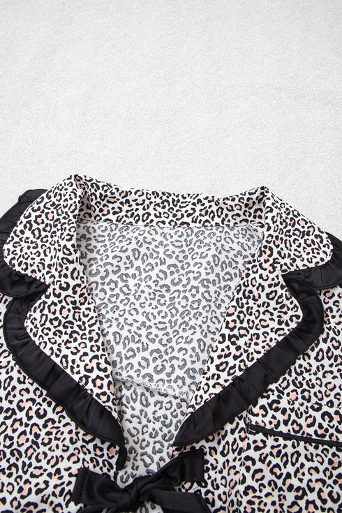 Leopard Print Bow Knot Patchwork Long Sleeve Lounge Set