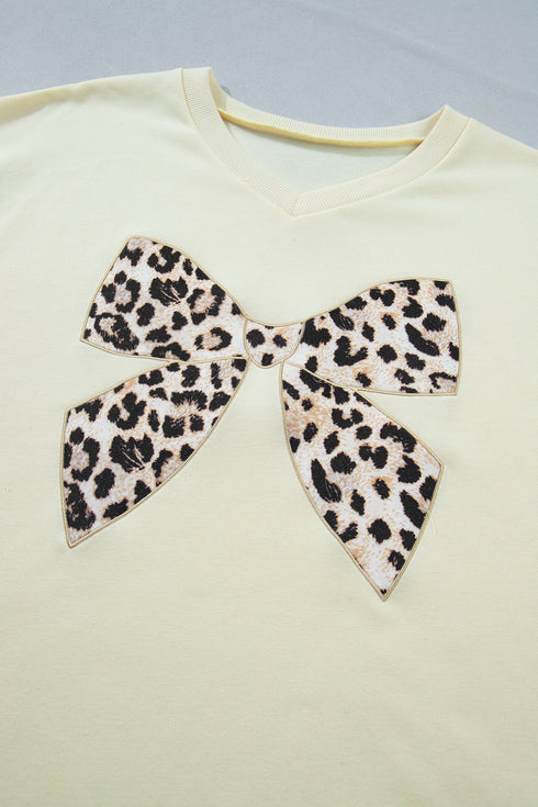 Leopard Print Bow Patched V Neck Drawstring Short Set