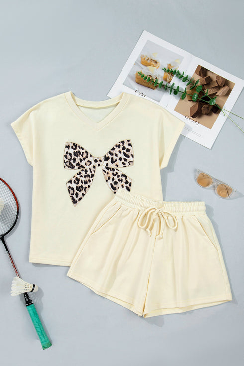 Leopard Print Bow Patched V Neck Drawstring Short Set