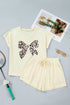 Leopard Print Bow Patched V Neck Drawstring Short Set