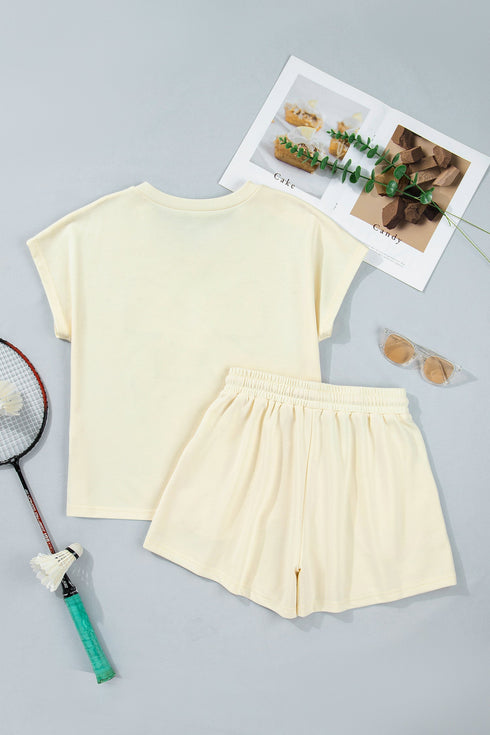 Leopard Print Bow Patched V Neck Drawstring Short Set