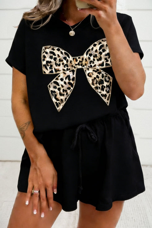 Leopard Print Bow Patched V Neck Drawstring Short Set