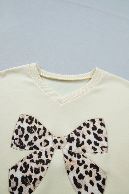 Leopard Print Bow Patched V Neck Drawstring Short Set