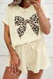 Leopard Print Bow Patched V Neck Drawstring Short Set