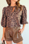 Leopard Print Bow Tie Puff Sleeve Western Blouse