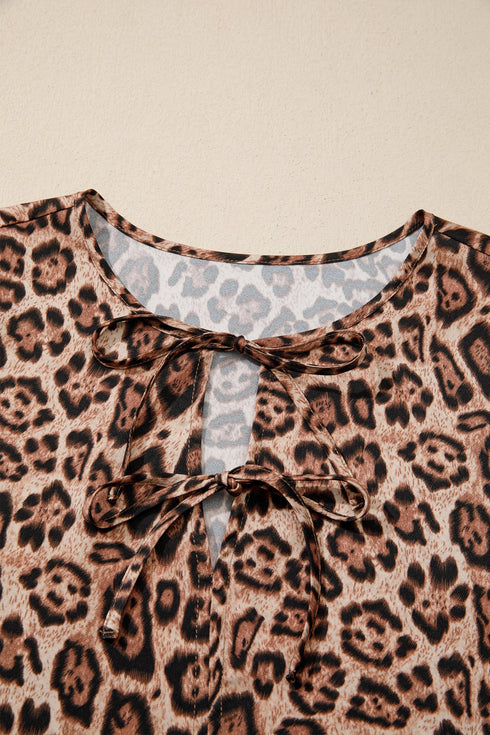 Leopard Print Bow Tie Puff Sleeve Western Blouse