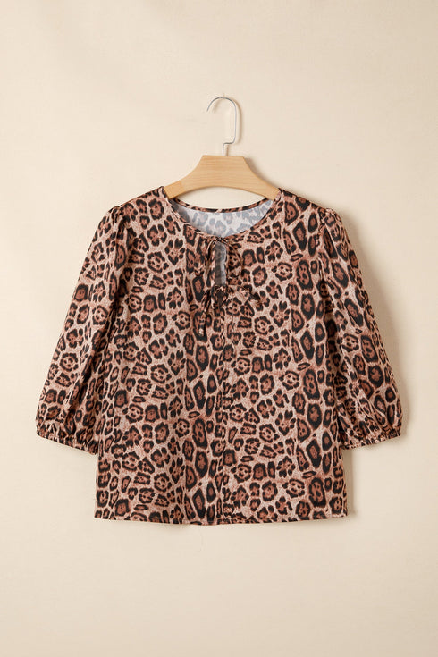 Leopard Print Bow Tie Puff Sleeve Western Blouse