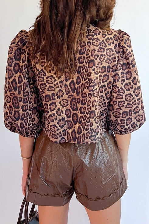 Leopard Print Bow Tie Puff Sleeve Western Blouse