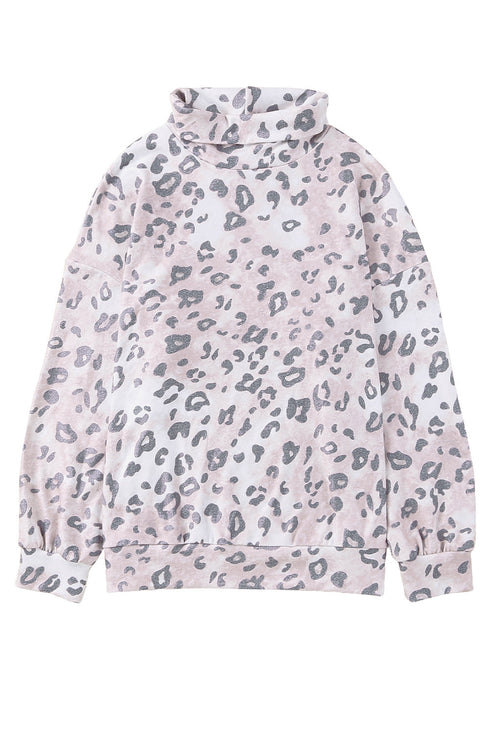 Leopard Print Brushed Fleece Cowl Neck Plus Size Top
