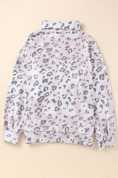 Leopard Print Brushed Fleece Cowl Neck Plus Size Top