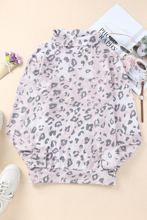 Leopard Print Brushed Fleece Cowl Neck Plus Size Top