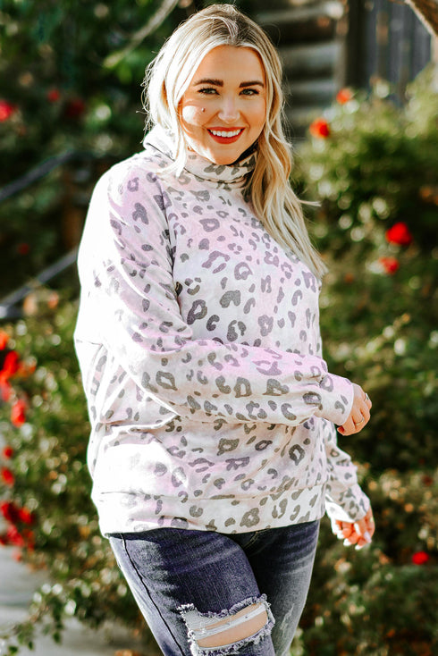 Leopard Print Brushed Fleece Cowl Neck Plus Size Top