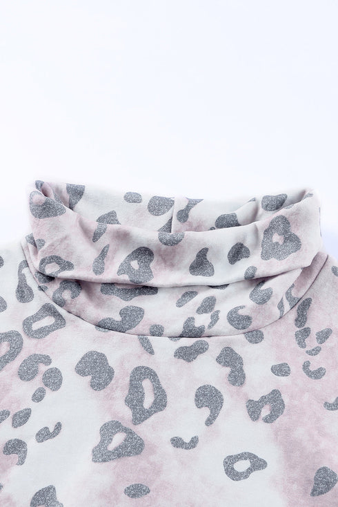 Leopard Print Brushed Fleece Cowl Neck Plus Size Top