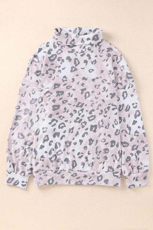 Leopard Print Brushed Fleece Cowl Neck Plus Size Top