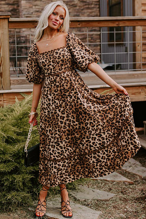 Leopard Print Bubble Sleeve Square Neck Maxi Dress