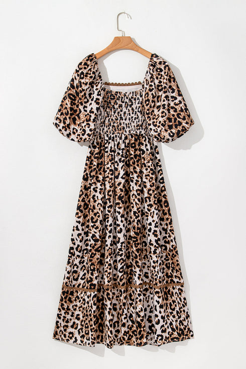 Leopard Print Bubble Sleeve Square Neck Maxi Dress