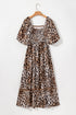 Leopard Print Bubble Sleeve Square Neck Maxi Dress