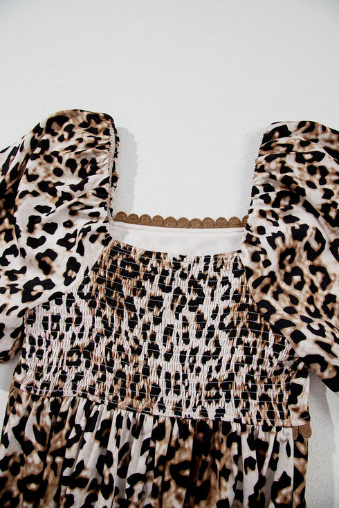 Leopard Print Bubble Sleeve Square Neck Maxi Dress