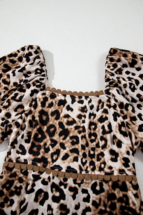 Leopard Print Bubble Sleeve Square Neck Maxi Dress