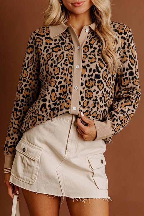 Leopard Print Button Front Long Sleeve Knit Cardigan