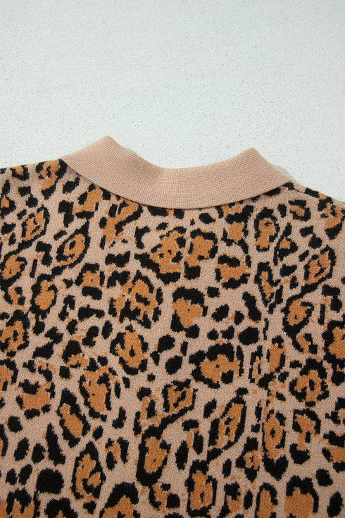 Leopard Print Button Front Long Sleeve Knit Cardigan