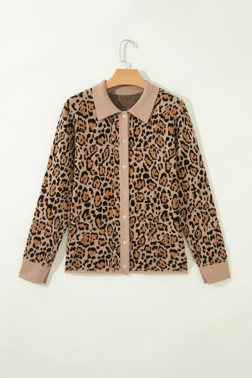 Leopard Print Button Front Long Sleeve Knit Cardigan