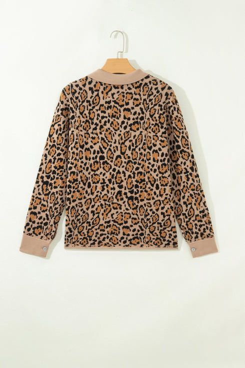 Leopard Print Button Front Long Sleeve Knit Cardigan