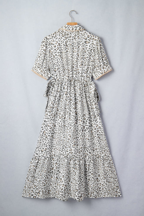 Leopard Print Button Front Short Puff Sleeve Midi Dress