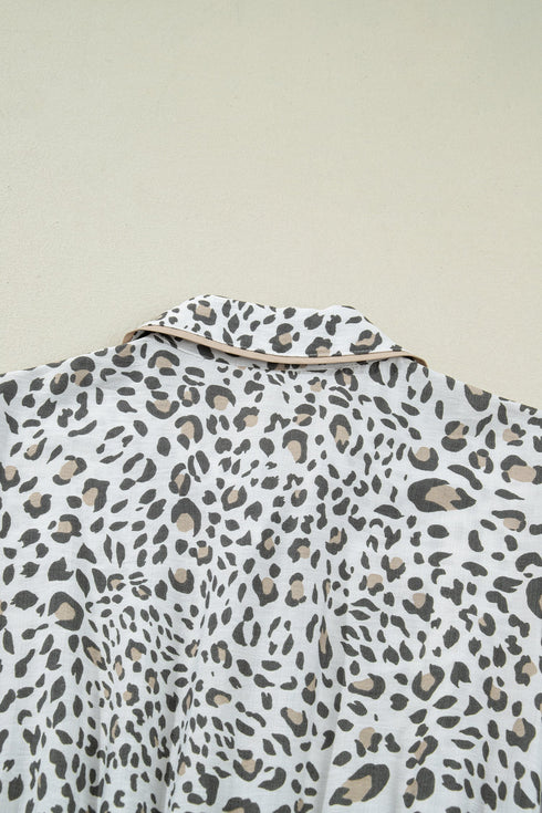 Leopard Print Button Front Short Puff Sleeve Midi Dress