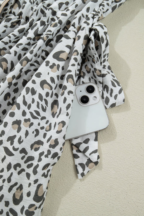 Leopard Print Button Front Short Puff Sleeve Midi Dress
