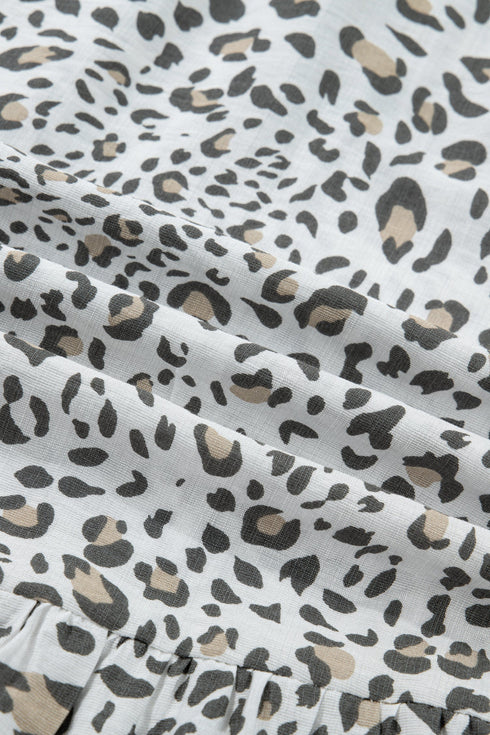 Leopard Print Button Front Short Puff Sleeve Midi Dress