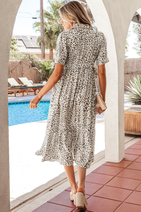 Leopard Print Button Front Short Puff Sleeve Midi Dress