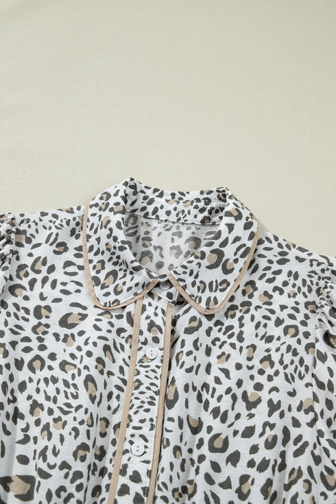 Leopard Print Button Front Short Puff Sleeve Midi Dress