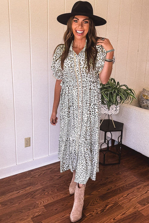Leopard Print Button Front Short Puff Sleeve Midi Dress