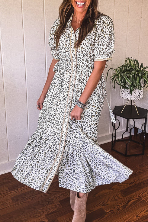 Leopard Print Button Front Short Puff Sleeve Midi Dress