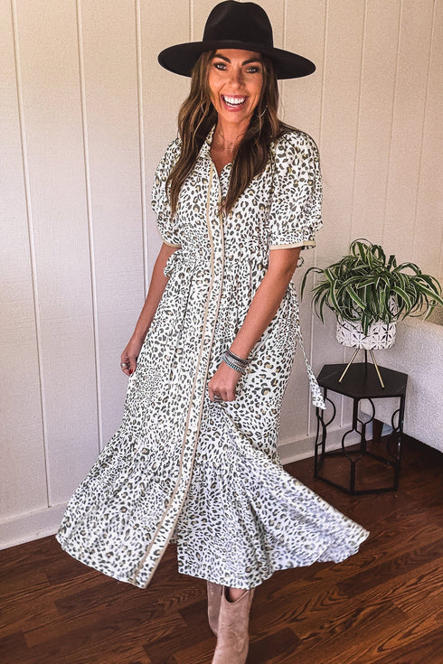 Leopard Print Button Front Short Puff Sleeve Midi Dress