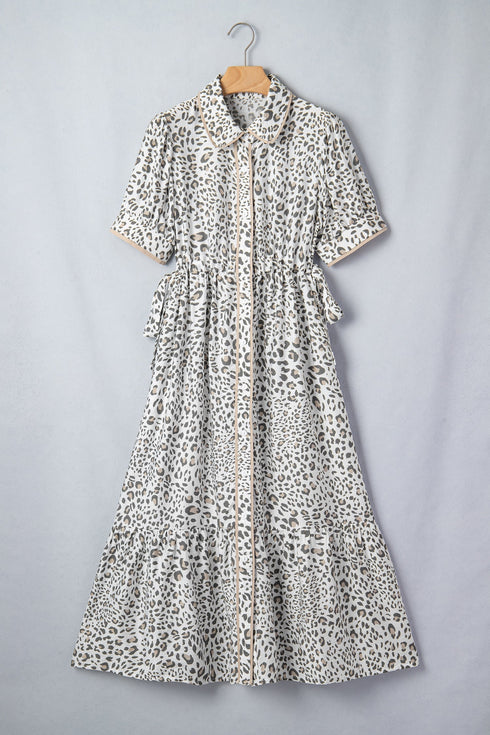 Leopard Print Button Front Short Puff Sleeve Midi Dress